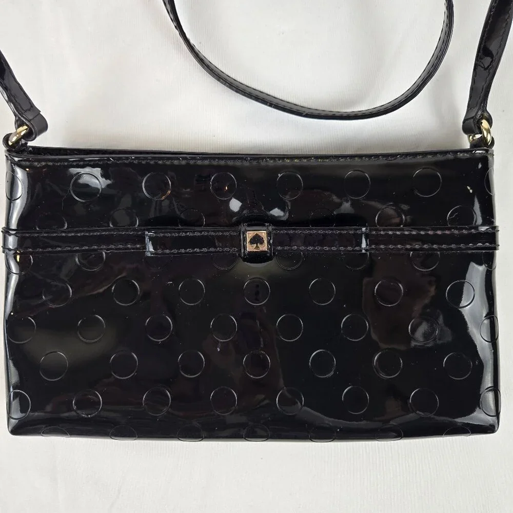 Kate Spade Camellia Street Amy Crossbody Bag Black Patent PVC Debossed Dots